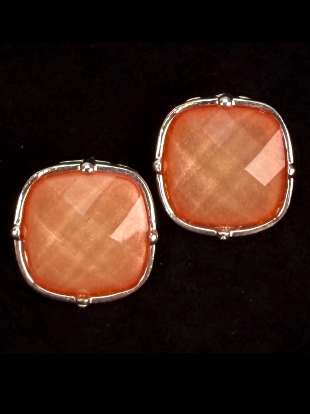 Bright reflective Orange Silvertone Square pierced earrings